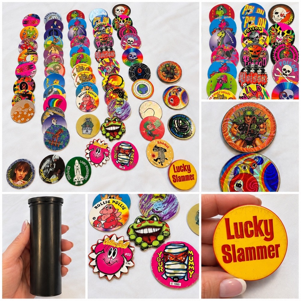 Vintage 1990s Pogs Slammers Lot w/ Metal Holographic Disney Poison Tube 50+